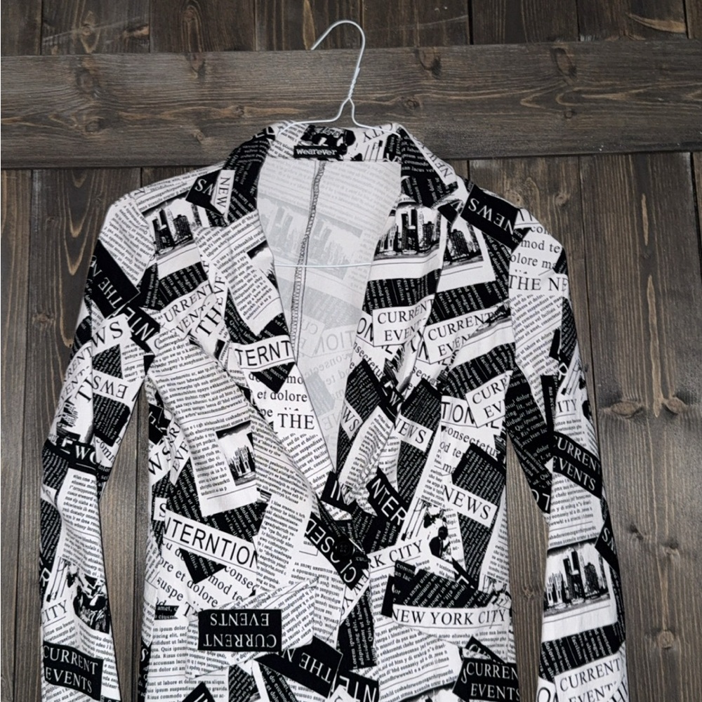 Black and White Newspaper Print Blazer